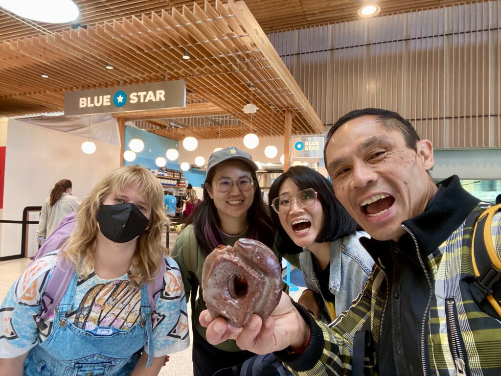 Blue star donuts at PDX airport with friends